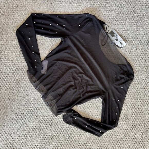 Womens Rhinestone Pearl Mesh See-through Long Sleeve Crop Tops Blouse Shirt Med - Picture 5 of 8